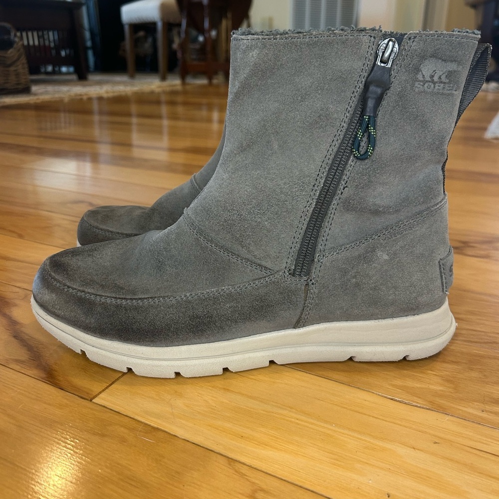 SOREL Grey Suede Waterproof Ankle Boots Faux Fur Lined Zip Booties 8.5